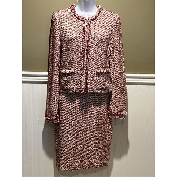Vtg St John Knit Size 2 Skirt Suit Red & White Tweed Fringed Jacket Full Zip - Picture 1 of 16
